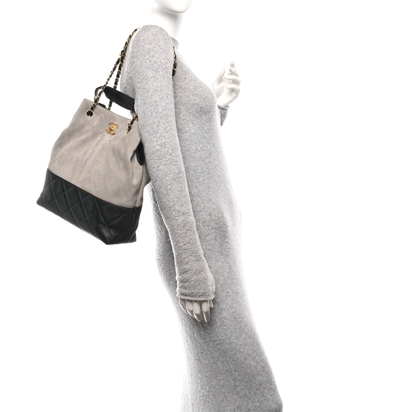 Suede Calfskin Shiny Lambskin Quilted Coco Base Shopping Bag Grey Black
