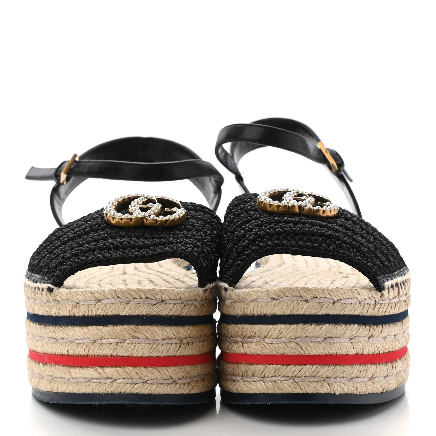Gucci Cotton Malaga Kid Crochet Pearly GG Lilibeth Espadrille Platform Sandals 39.5 Black 3 of 8