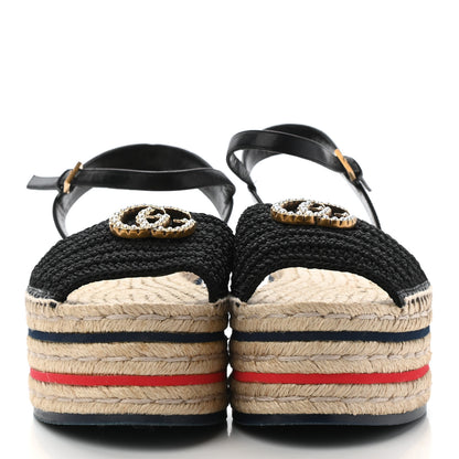 Gucci Cotton Malaga Kid Crochet Pearly GG Lilibeth Espadrille Platform Sandals 39.5 Black 3 of 8
