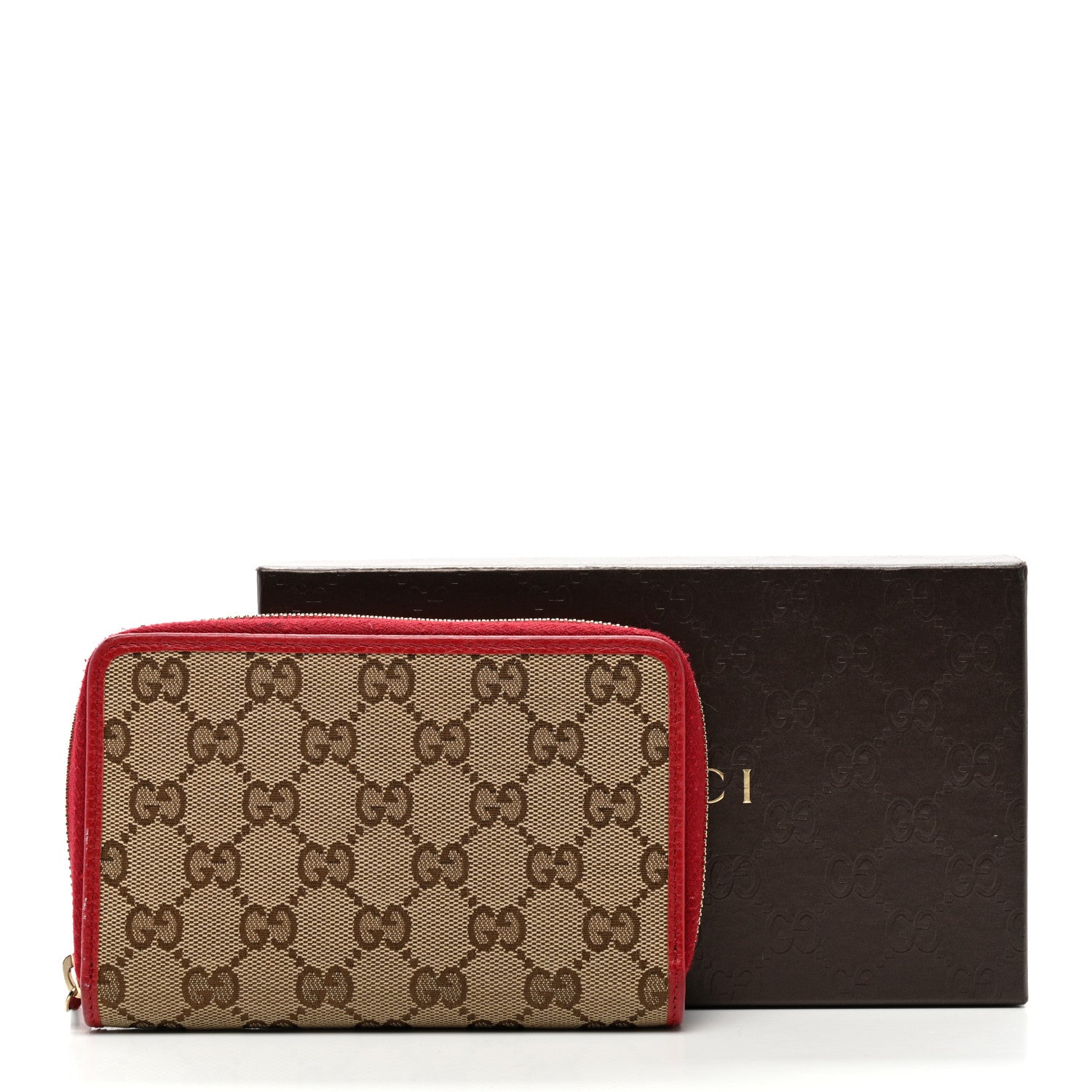 Gucci Monogram Dollar Calfskin Zip Around Compact Wallet Beige Ebony Rosso 14 of 14