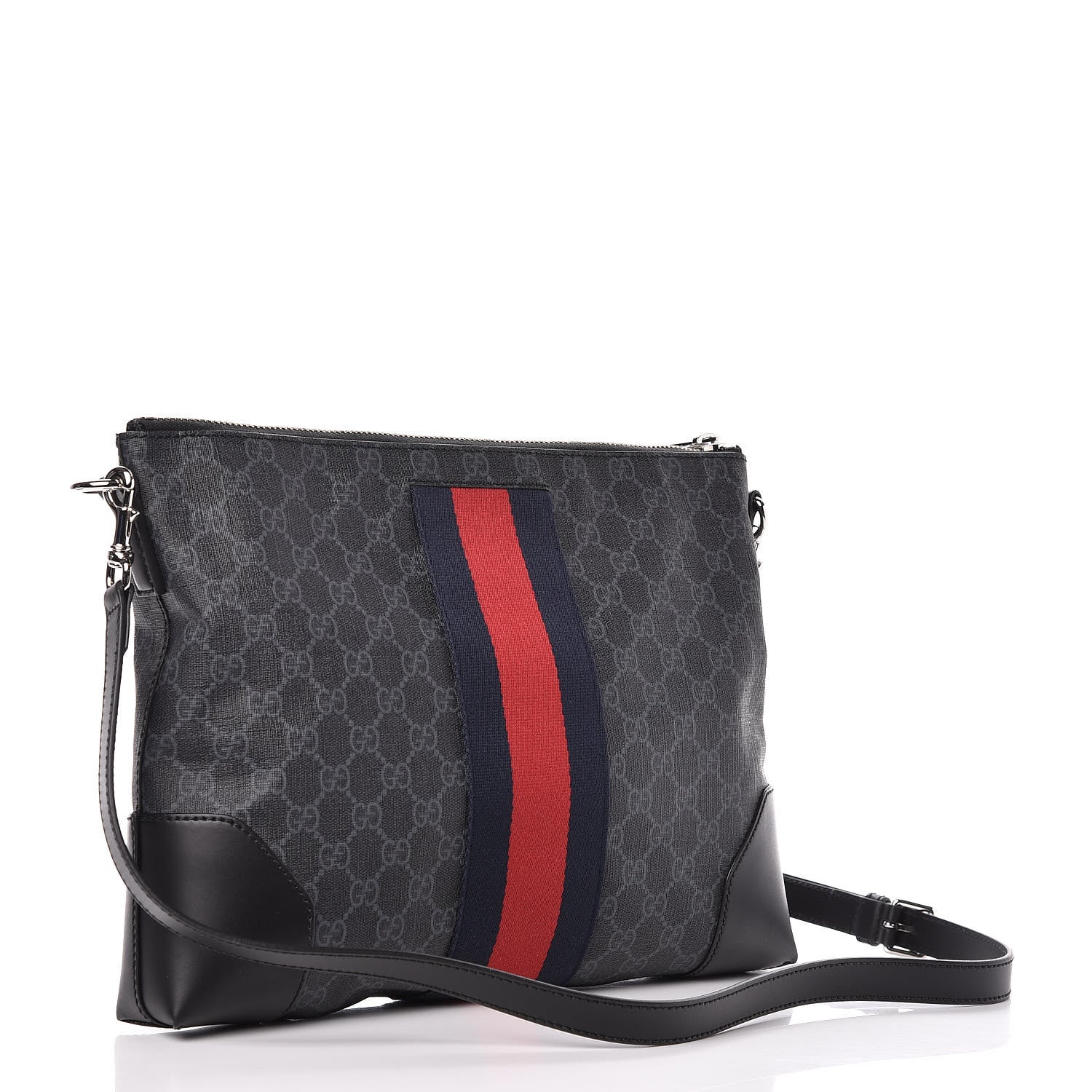 Gucci Soft GG Supreme Monogram Appia Calfskin Web East West Messenger Bag Black Grey 3 of 9