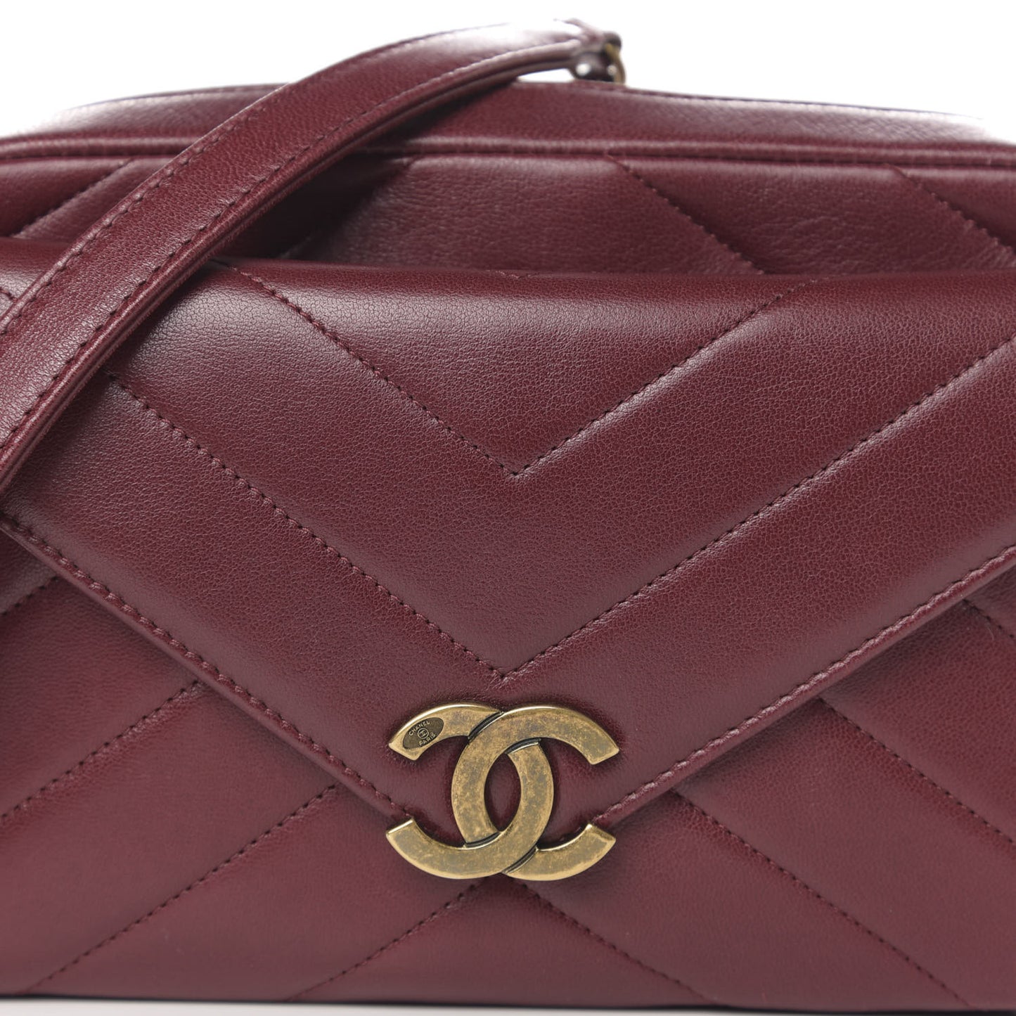 Shiny Lambskin Chevron Stitched Small Coco Camera Case Bag Burgundy