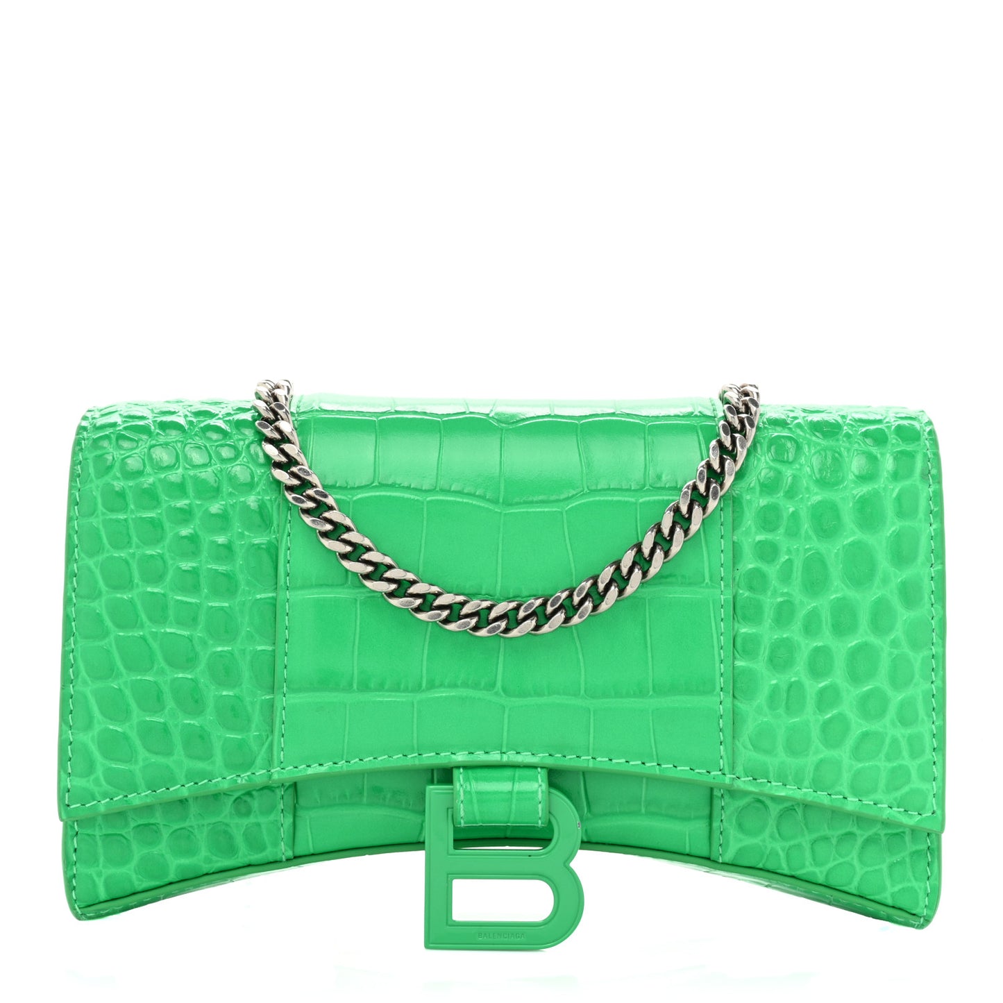 Shiny Calfskin Tonal B Crocodile Embossed Hourglass Chain Bag Vivid Green