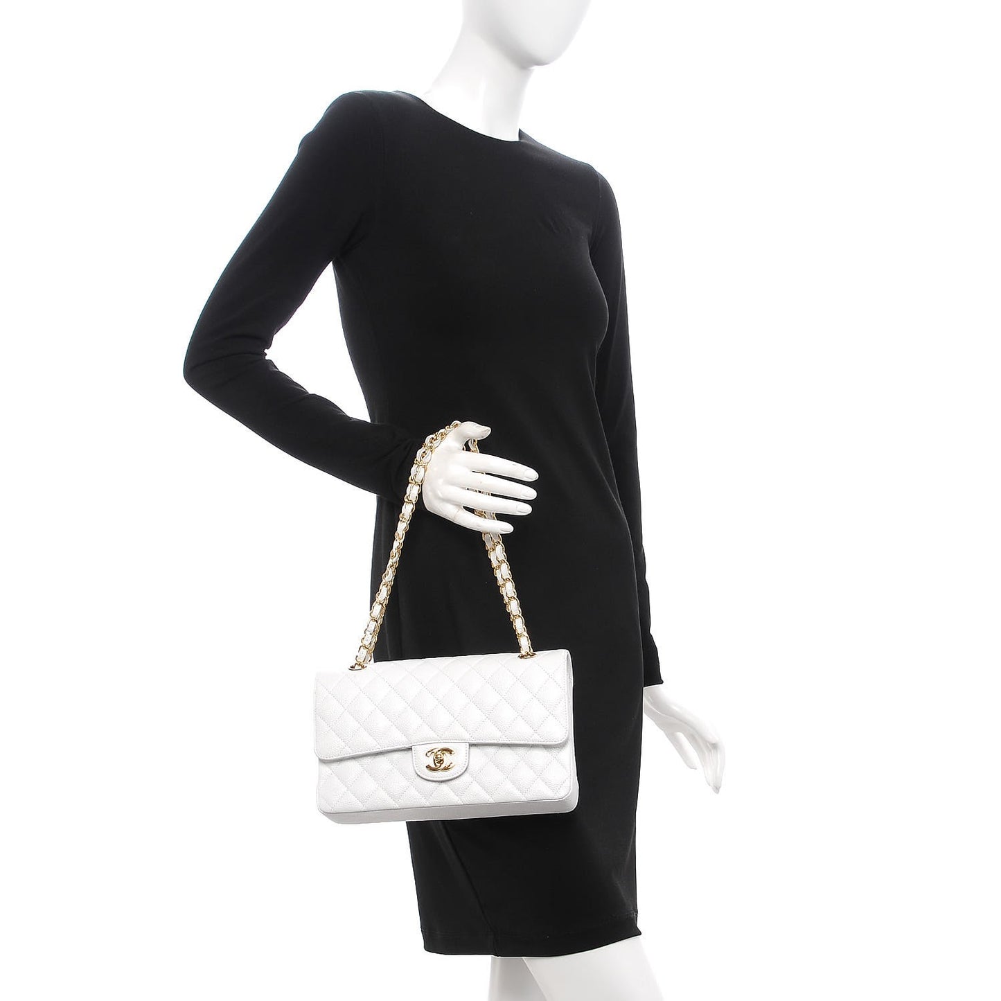 Caviar Quilted Medium Double Flap White