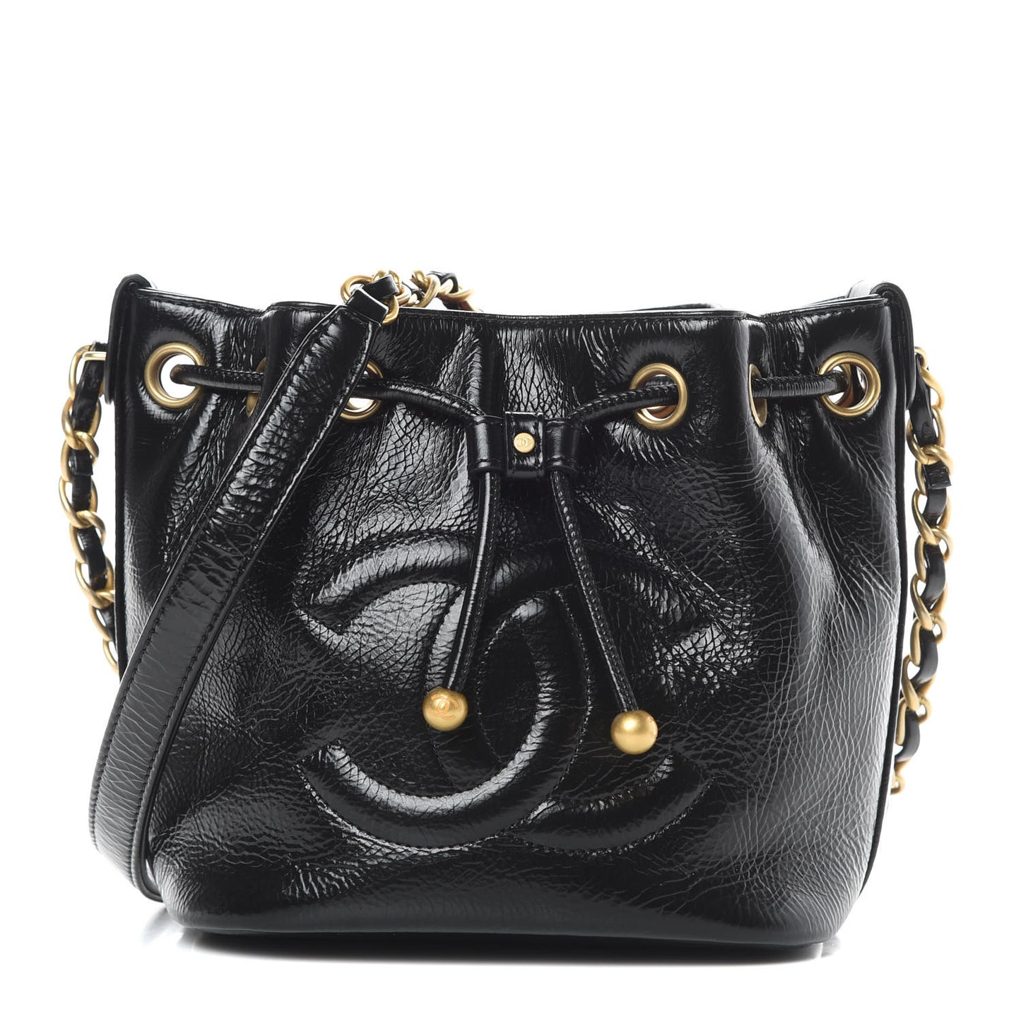 Shiny Aged Calfskin CC Chain Mini Drawstring Bag Black