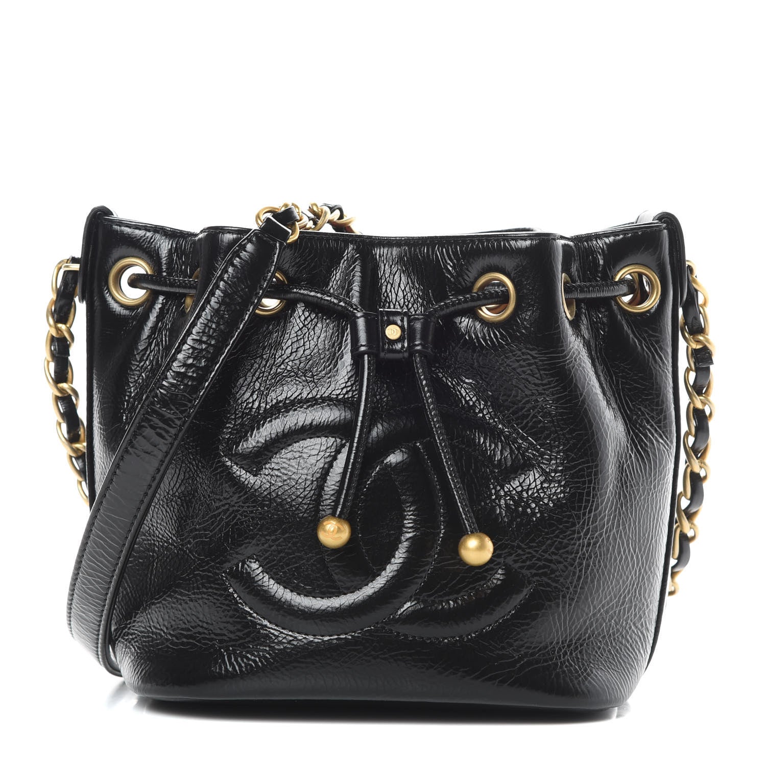 Chanel Shiny Aged Calfskin CC Chain Mini Drawstring Bag Black 1 of 10