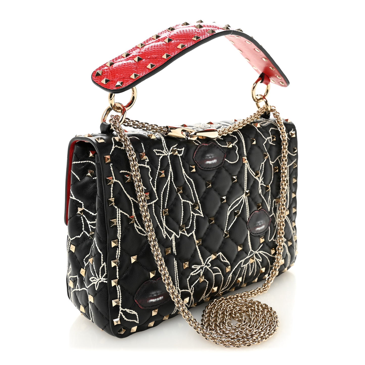 Nappa Embroidered Floral Medium Rockstud Spike Shoulder Bag Black Red