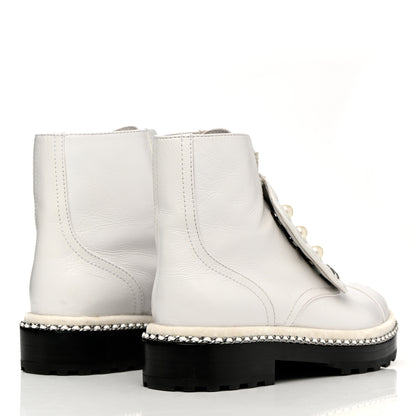 Chanel Crackled Calfskin Pearl Chain CC Combat Short Boots 37 White 4 of 13