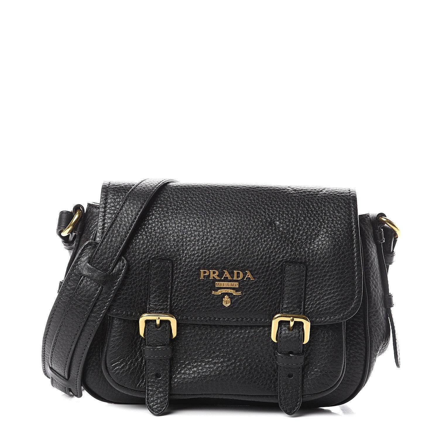 Prada Vitello Daino Double Buckle Messenger Bag Black 1 of 8