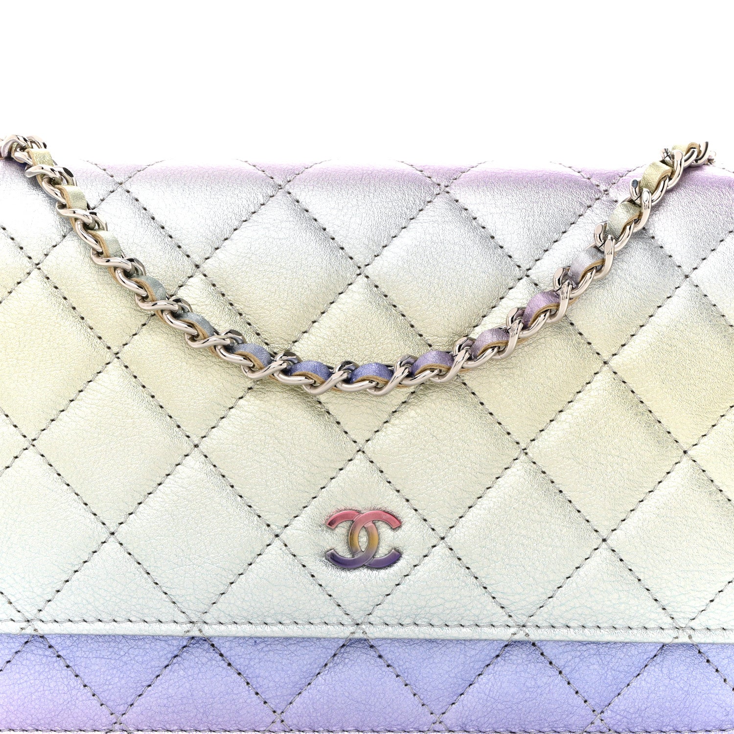 Chanel Gradient Metallic Calfskin Quilted Wallet On Chain WOC Silver Blue Yellow Purple 9 of 11