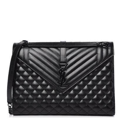 Saint Laurent Grain De Poudre Textured Mixed Matelasse Large Triquilt Monogram Monochrome Satchel Black 1 of 11