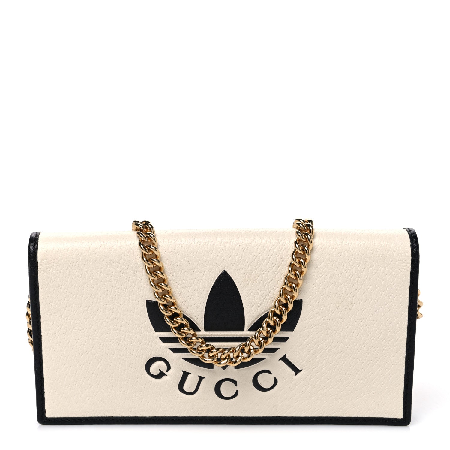 Gucci X ADIDAS Textured Dollar Calfskin Trefoil Embossed Wallet On Chain Off White Black 1 of 10