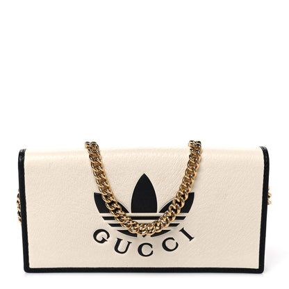 Gucci X ADIDAS Textured Dollar Calfskin Trefoil Embossed Wallet On Chain Off White Black 1 of 10