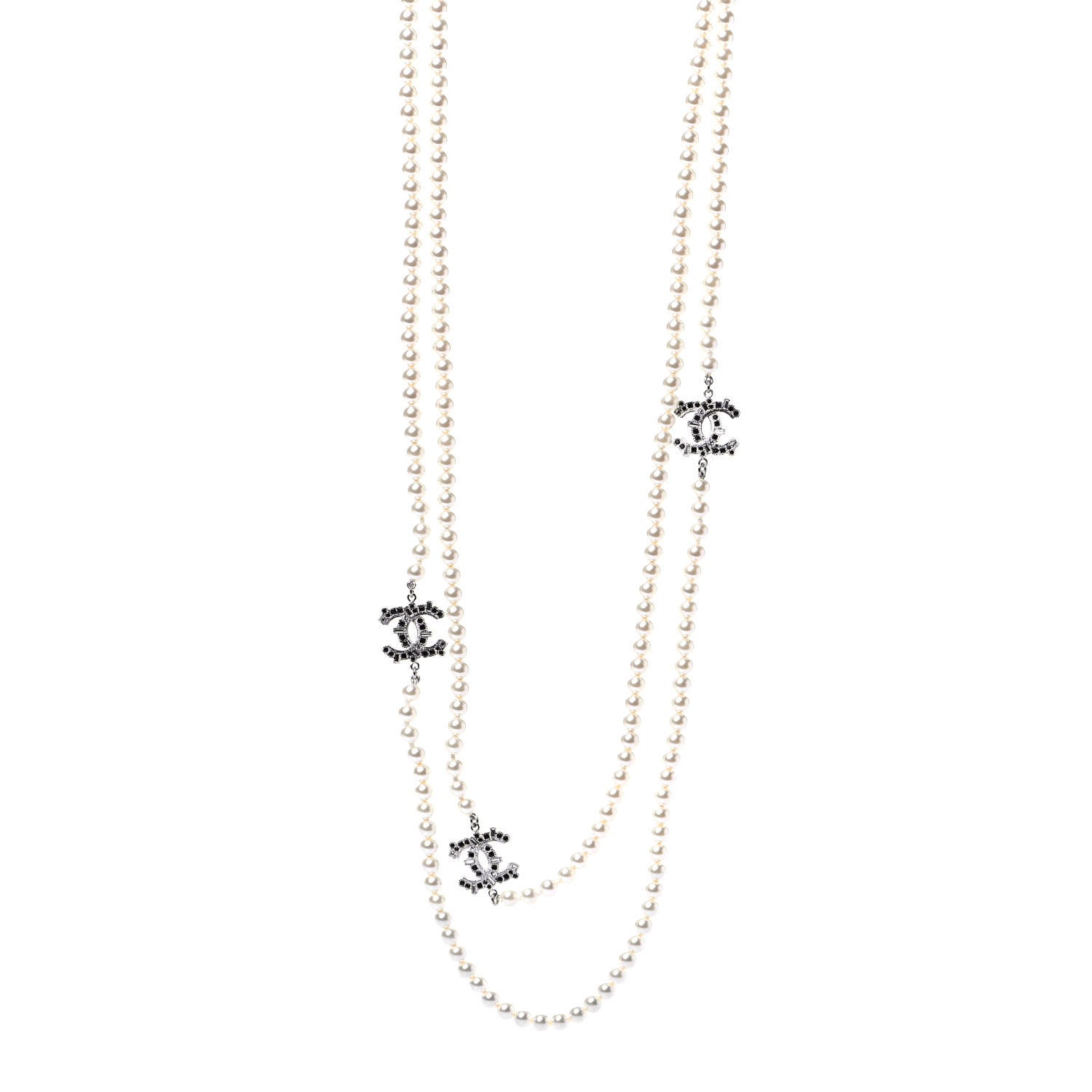 Chanel Pearl Baguette Crystal CC Long Necklace Silver Black 1 of 4
