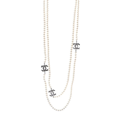 Chanel Pearl Baguette Crystal CC Long Necklace Silver Black 1 of 4