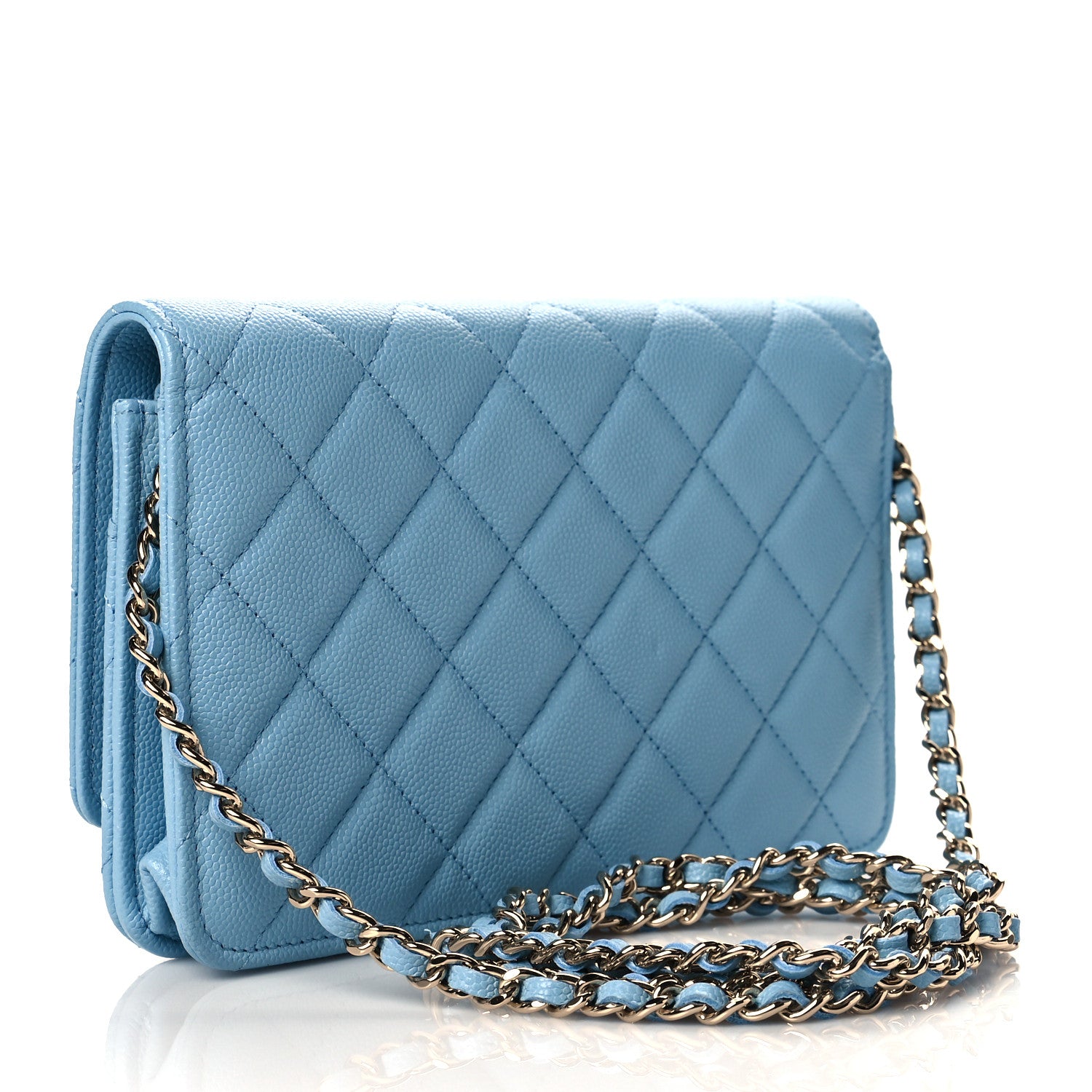 Chanel Caviar Quilted Crystal CC Wallet On Chain WOC Light Blue 3 of 12