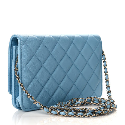 Chanel Caviar Quilted Crystal CC Wallet On Chain WOC Light Blue 3 of 12