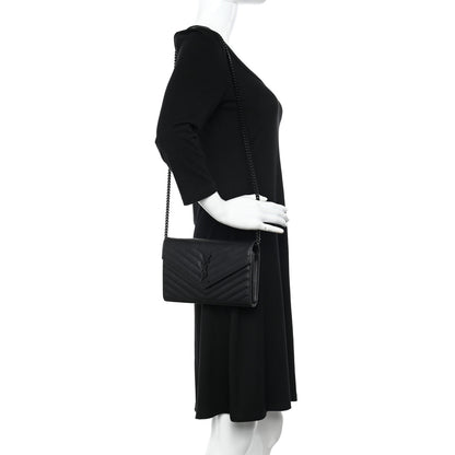 Saint Laurent Grain De Poudre Matelasse Chevron Monogram Monochrome Chain Wallet Black 2 of 10