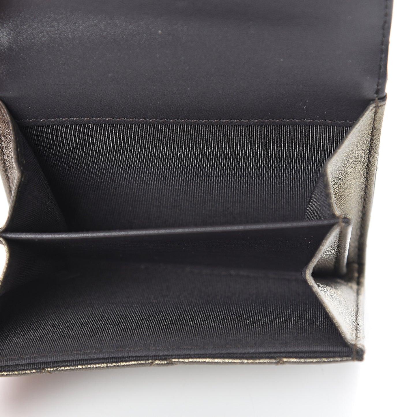 Metallic Calfskin Quilted CC Chic Flap Card Holder Dark Gold Grey