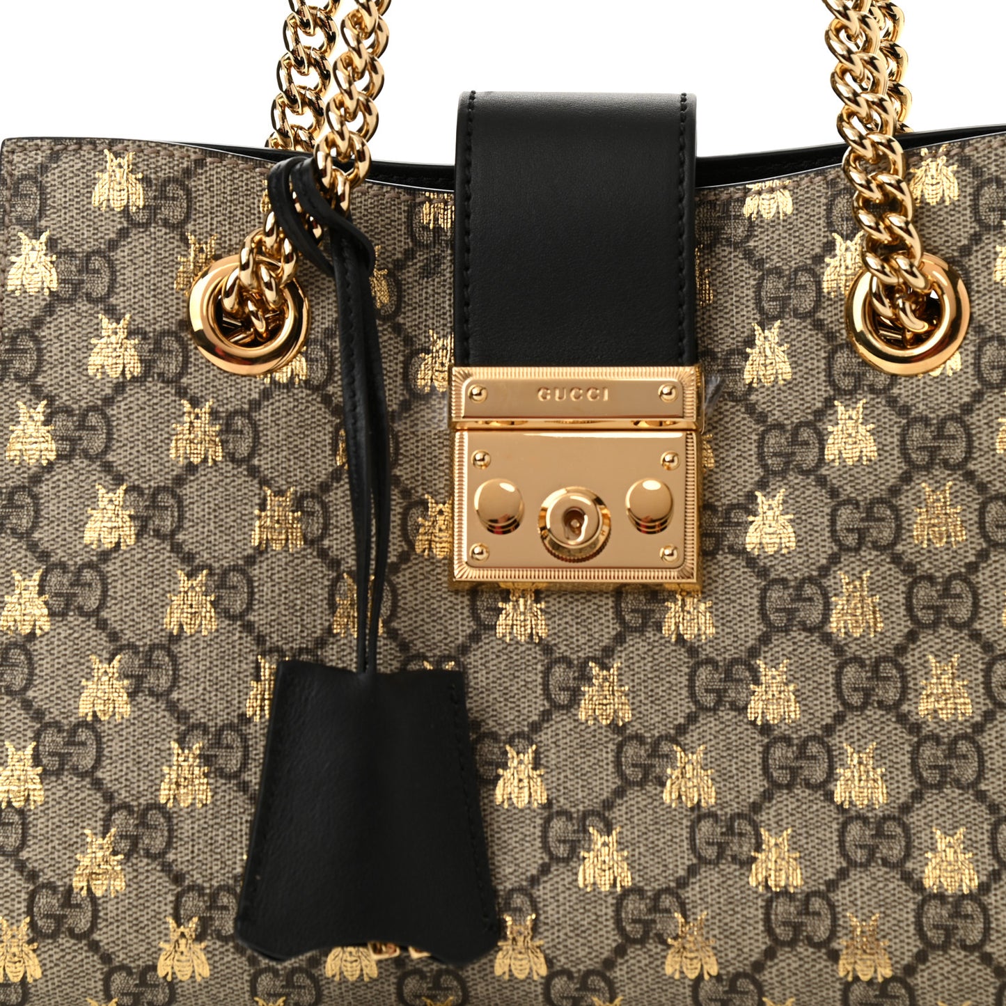 GG Supreme Monogram Bees Small Padlock Tote Beige Oro Black