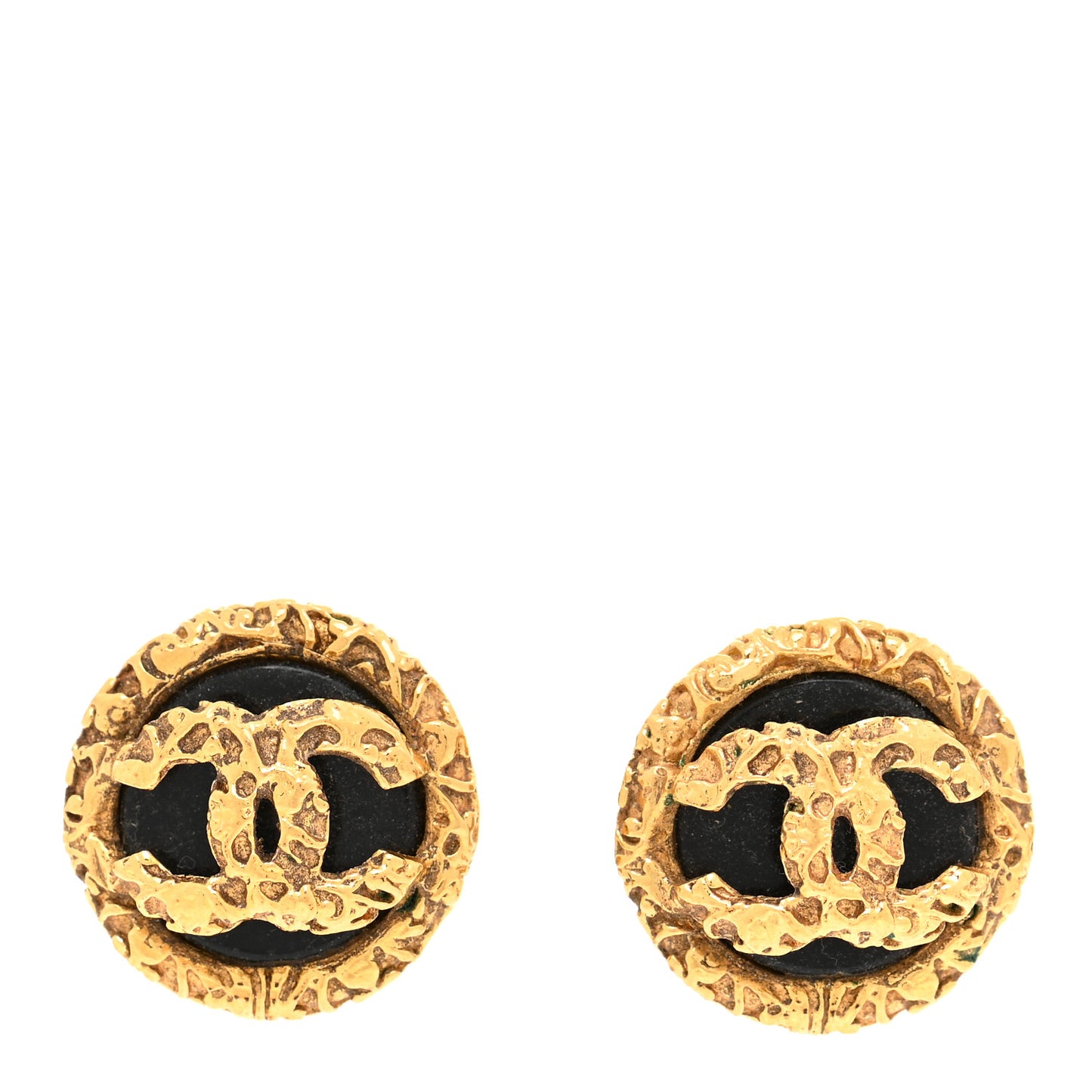 CC Round Clip On Earrings Black Gold