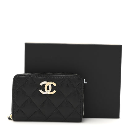 Chanel Caviar Quilted Crystal Zip Around Coin Purse Wallet Black 9 of 9