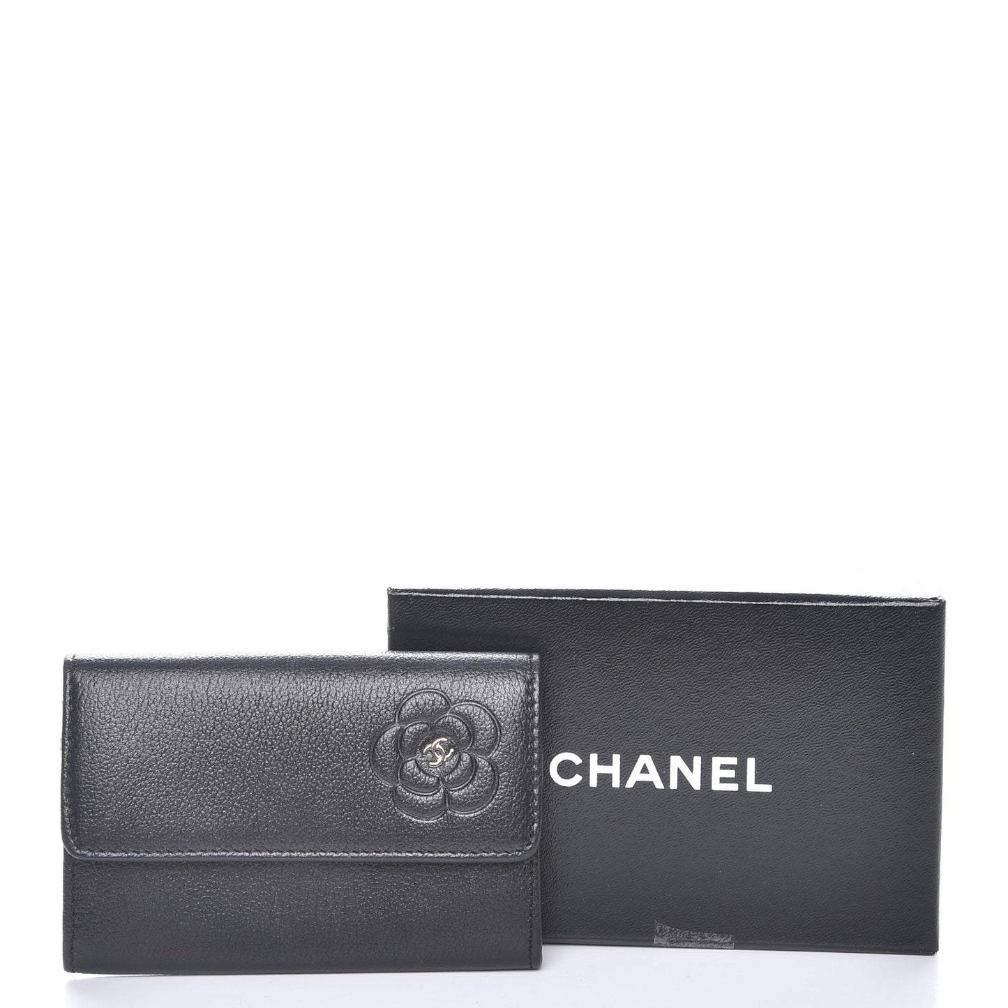 Goatskin Embossed Camellia Flap Card Holder Black