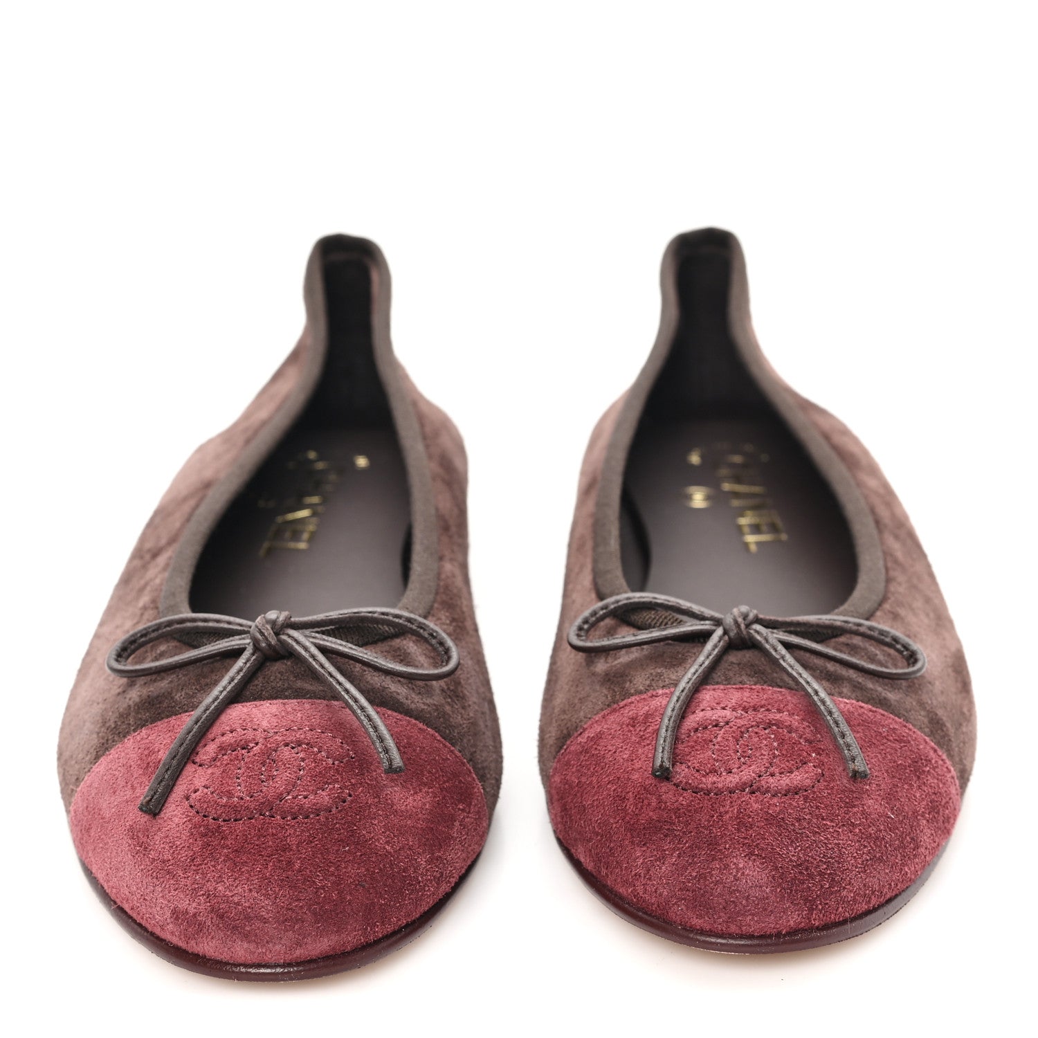 Chanel Suede Calfskin Cap Toe CC Ballerina Flats 38.5 Dark Brown Burgundy 2 of 9