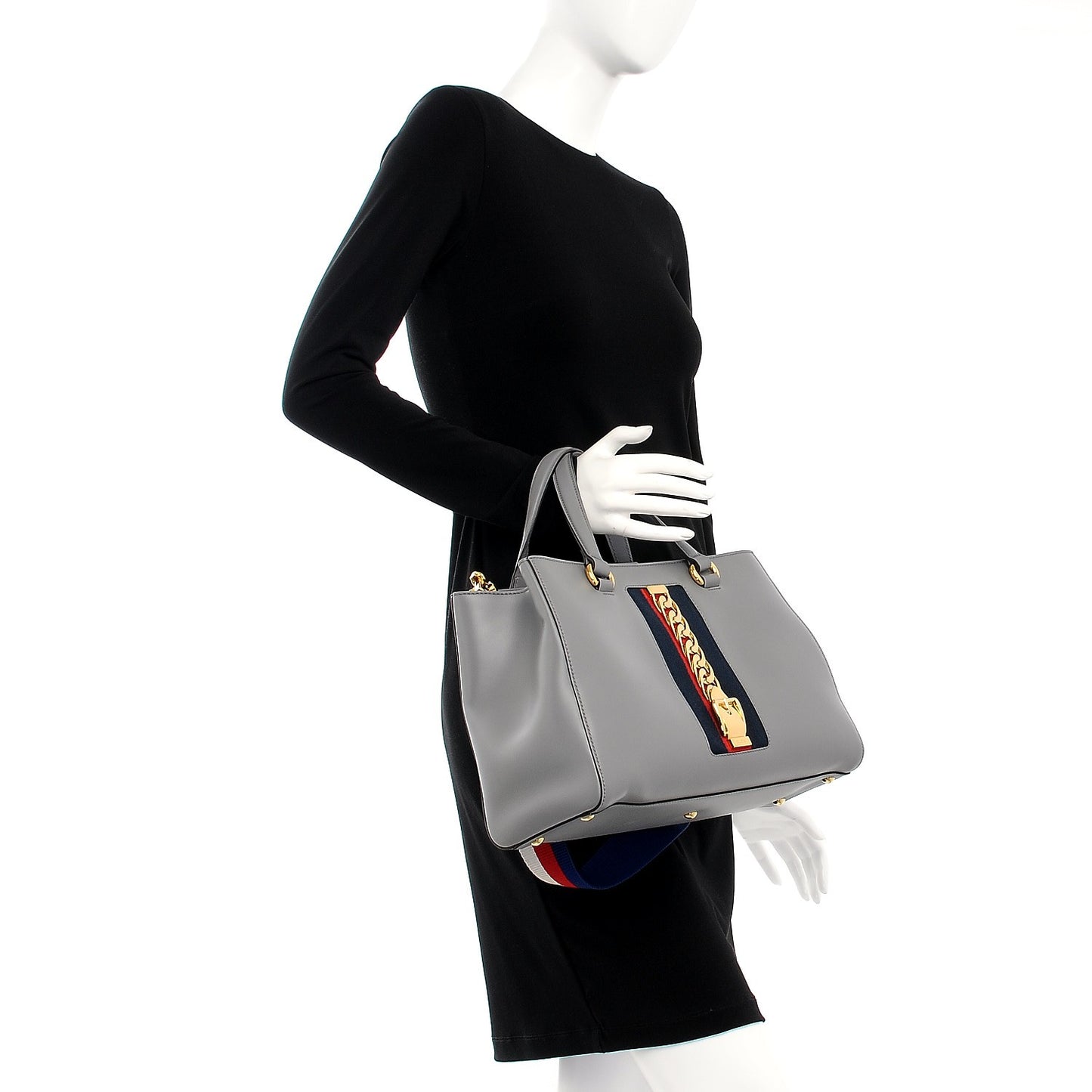 Calfskin Web Large Sylvie Top Handle Tote Deep Grey