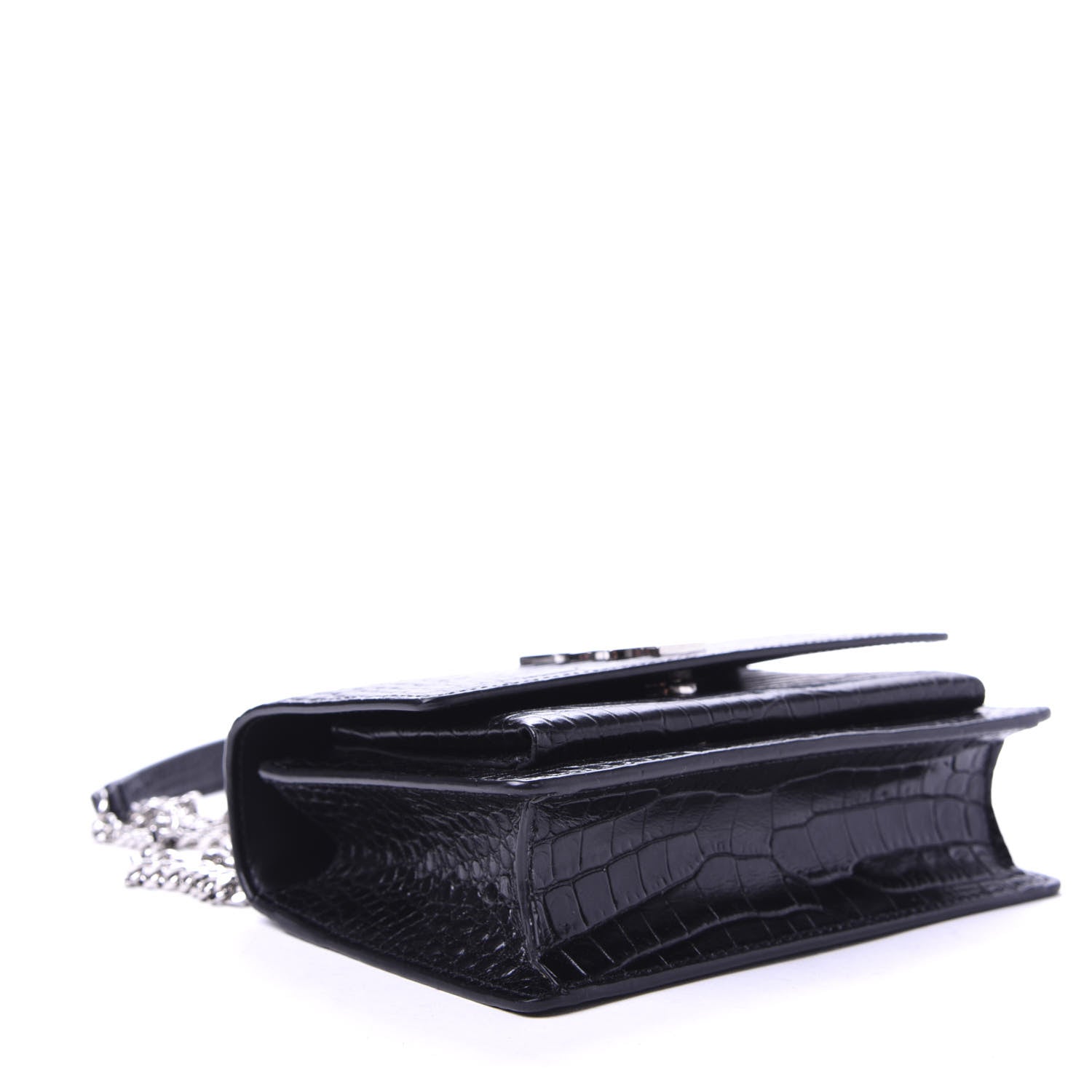 Saint Laurent Calfskin Crocodile Embossed Monogram Sunset Chain Wallet Black 4 of 10