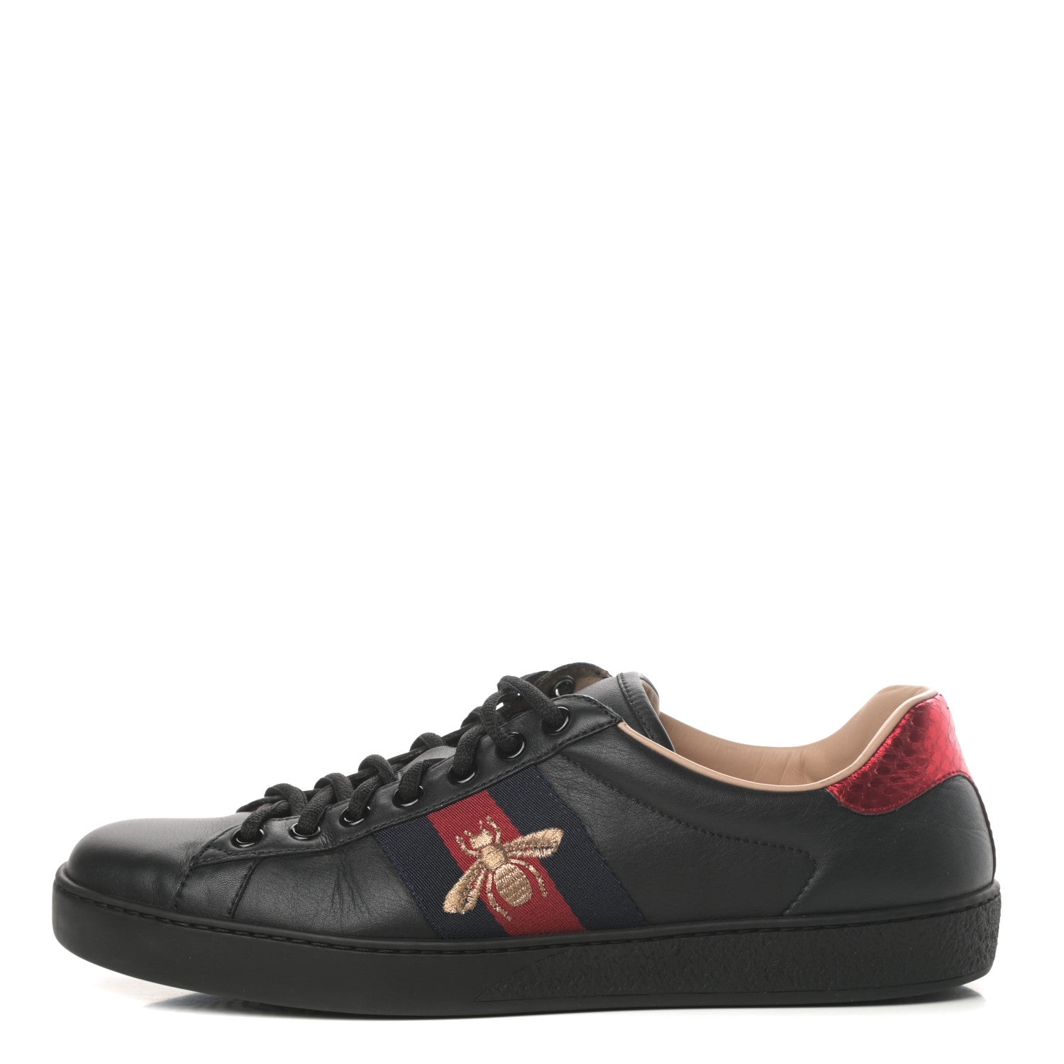 Gucci Miro Soft Calfskin Laminated Ayers Web Bee Embroidered Mens Ace Sneakers 6.5 Black Red Flame Night 1 of 11