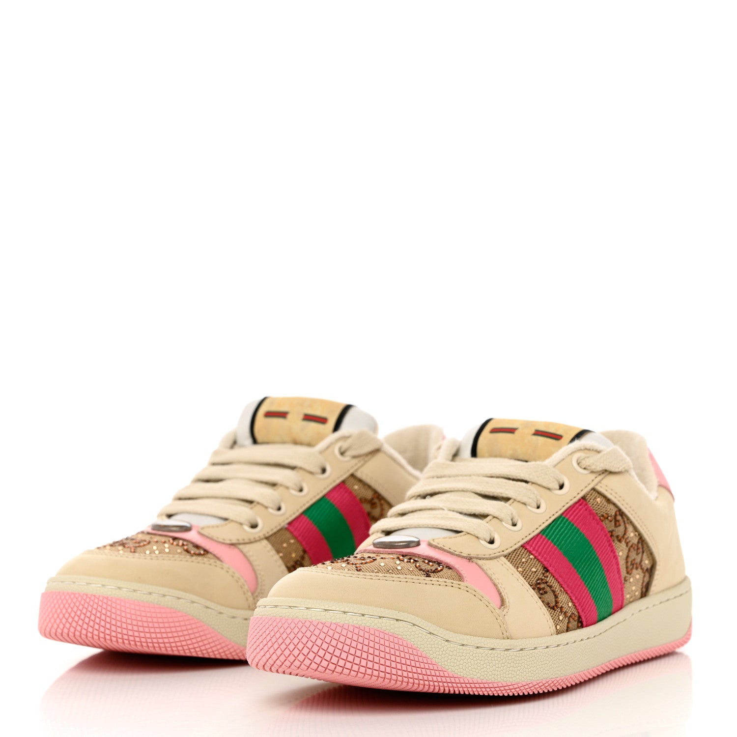 Gucci New GG Monogram Nubuck Web Crystal Embellished Womens Screener Sneakers 36.5 Camel Ebony Wild Rose 3 of 9