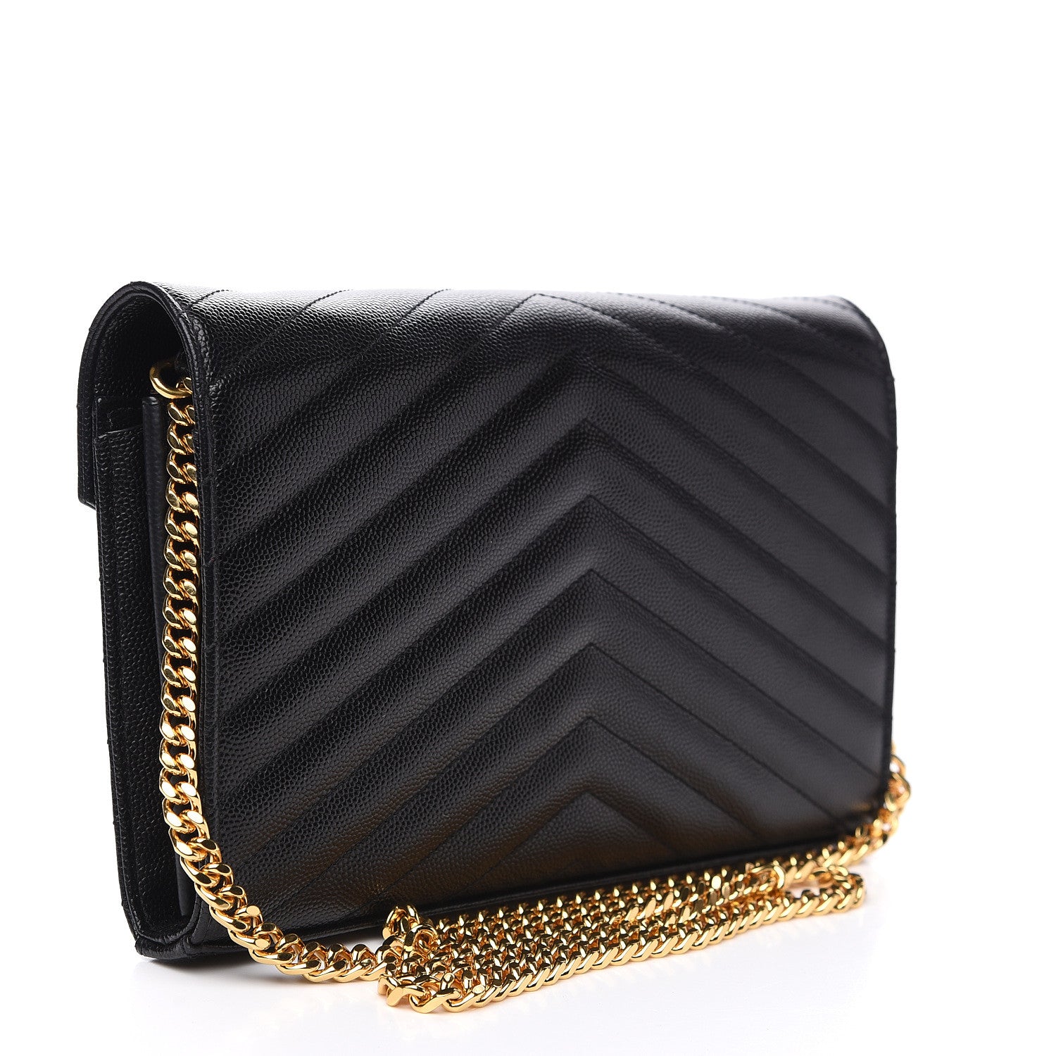 Saint Laurent Grain De Poudre Matelasse Chevron Monogram Chain Wallet Black 2 of 8