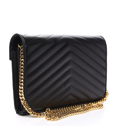 Saint Laurent Grain De Poudre Matelasse Chevron Monogram Chain Wallet Black 2 of 8