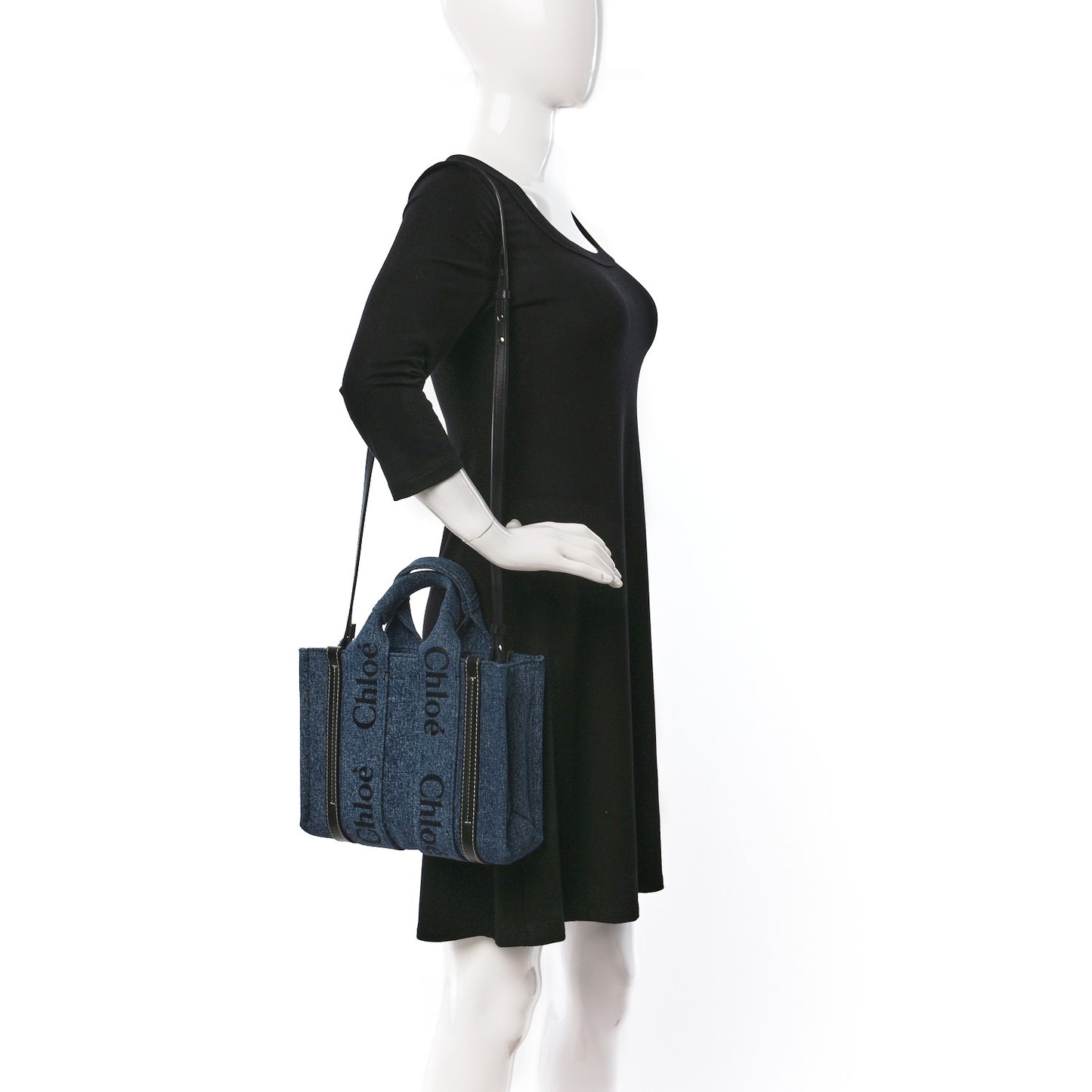 Denim Calfskin Small Woody Ribbon Tote With Strap Blue
