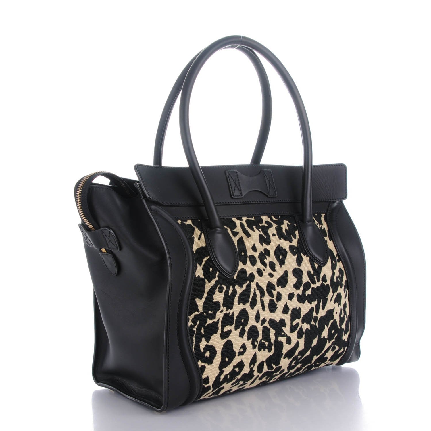 Celine Canvas Smooth Calfskin Leopard Print Shoulder Luggage Black 3 of 7