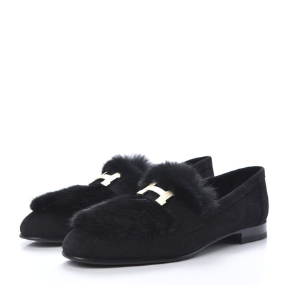 Hermes Mink Fur Suede Goatskin Paris Loafers 37 Black 3 of 8