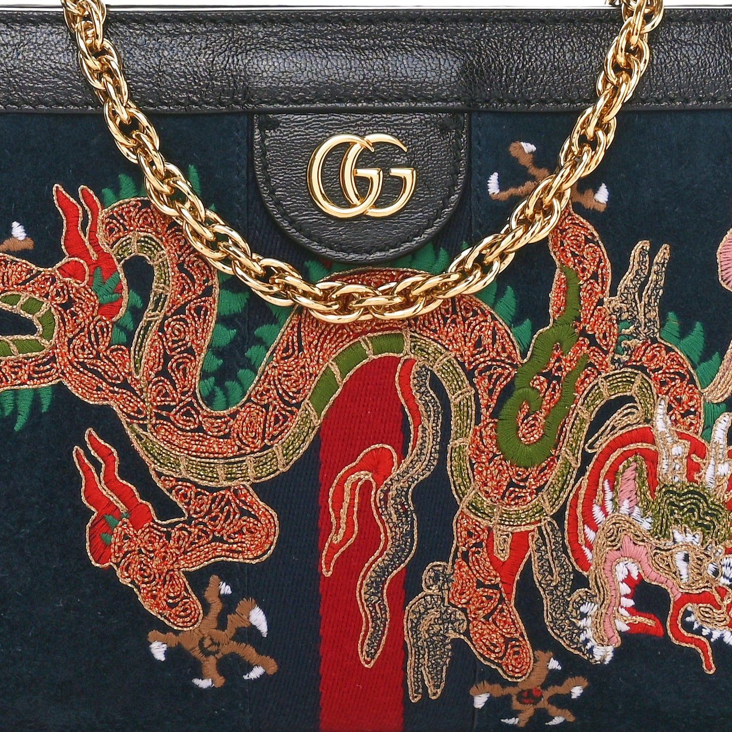 Suede Patent Web Dragon Embroidered Small Ophidia Chain Shoulder Bag Blue Black