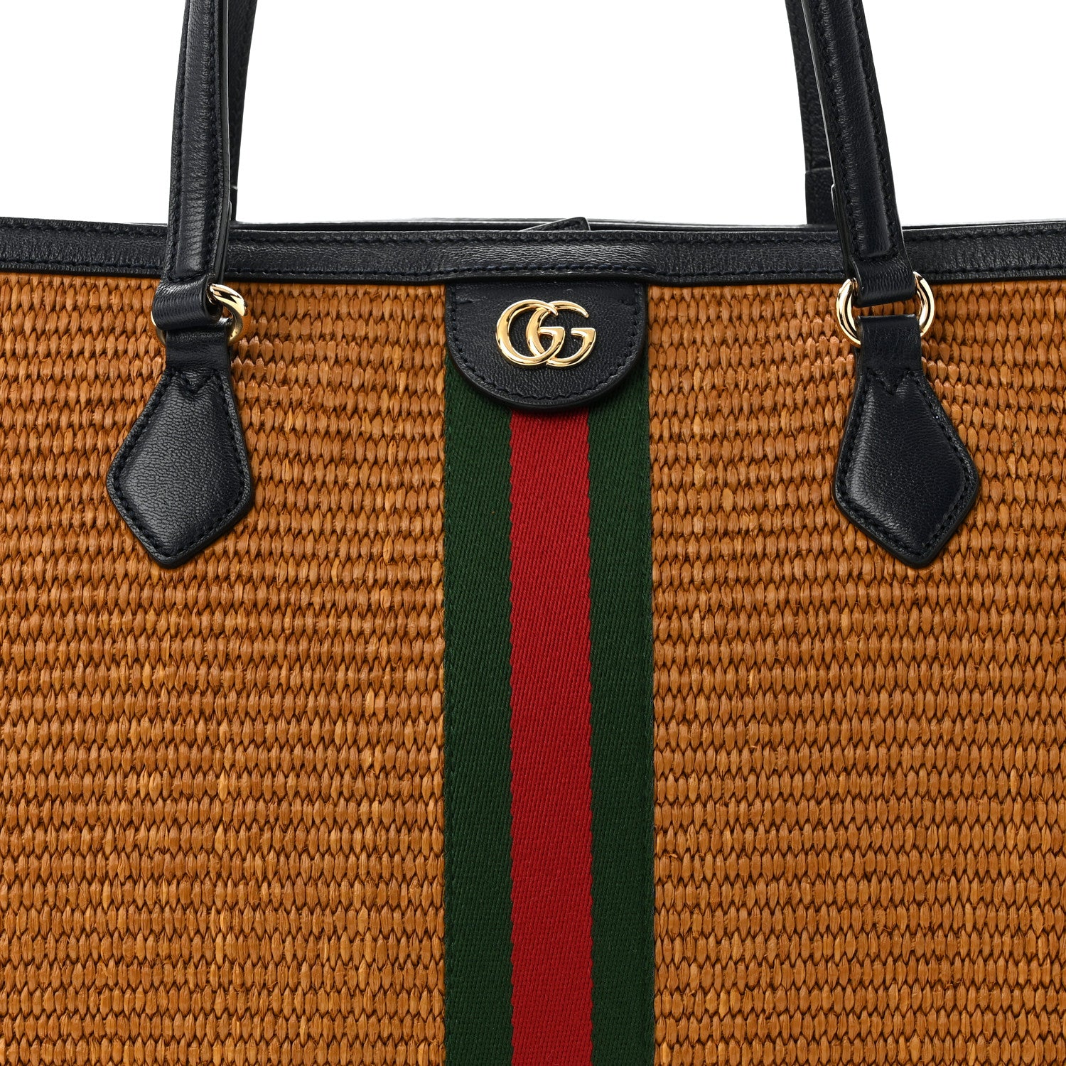 Gucci Straw Lux Calfskin Web Medium Ophidia Shopping Tote Dark Natural Blue 8 of 14
