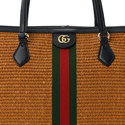 Gucci Straw Lux Calfskin Web Medium Ophidia Shopping Tote Dark Natural Blue 8 of 14