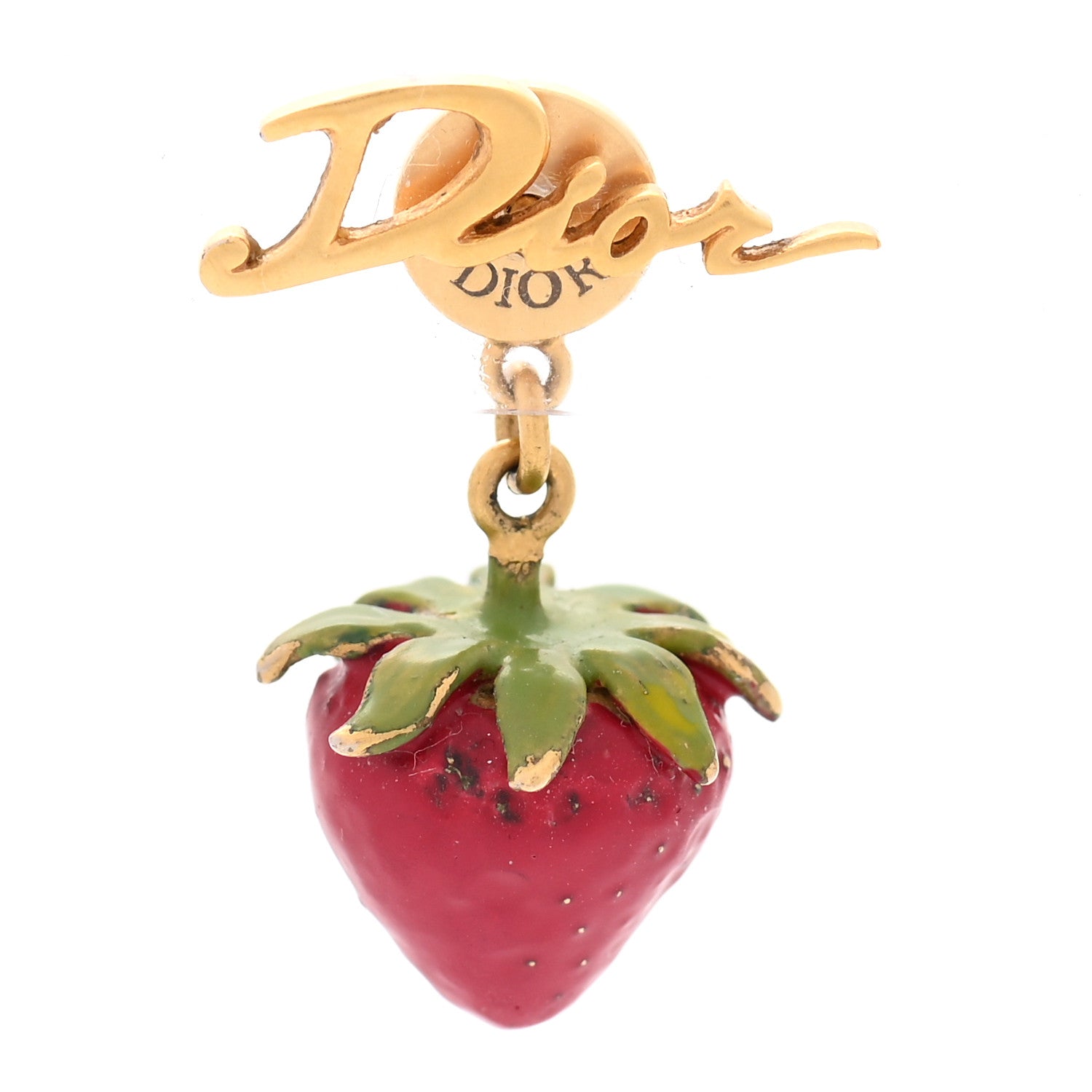 Christian Dior Metal Strawberry Logo Earring Gold Red 1 of 5