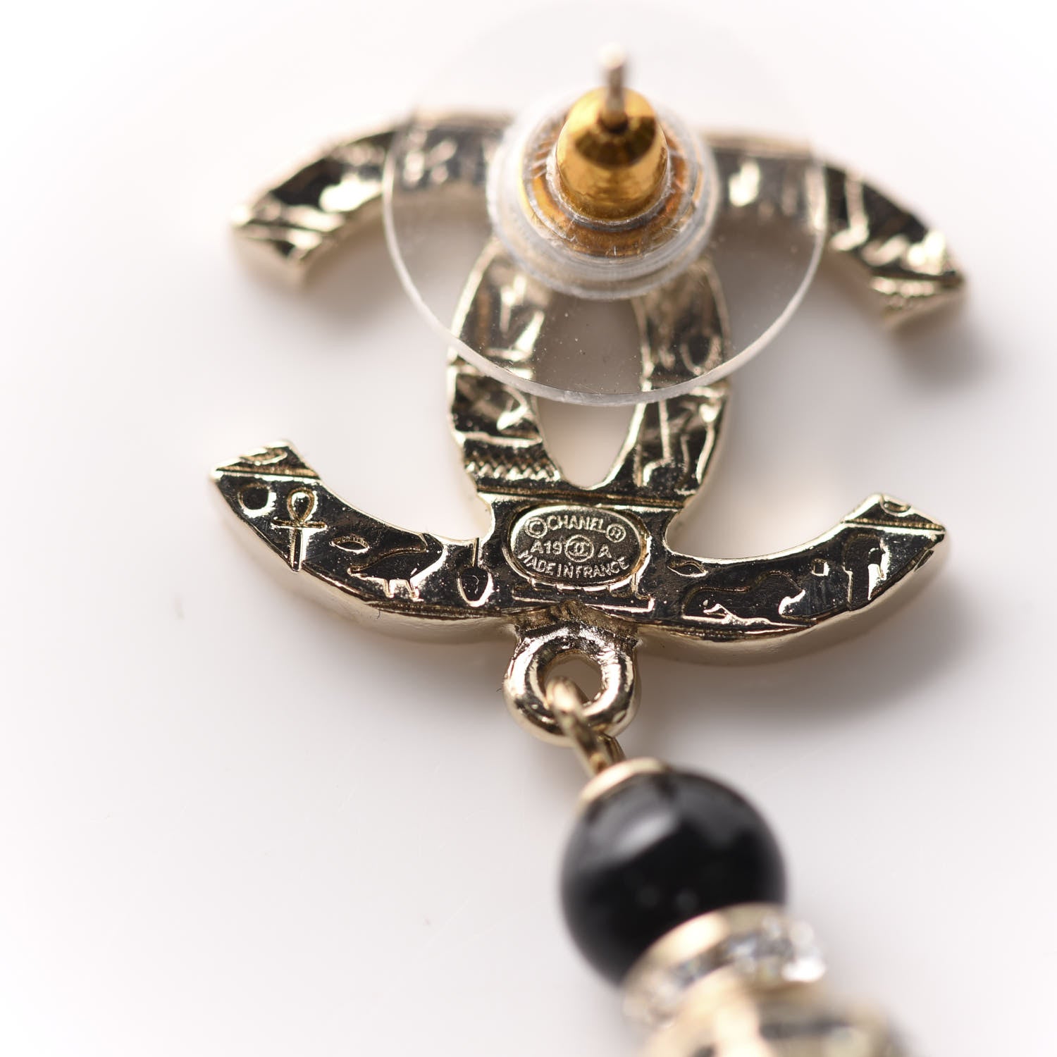 Chanel Crystal Bead Scarab CC Drop Earrings Gold Black 4 of 5