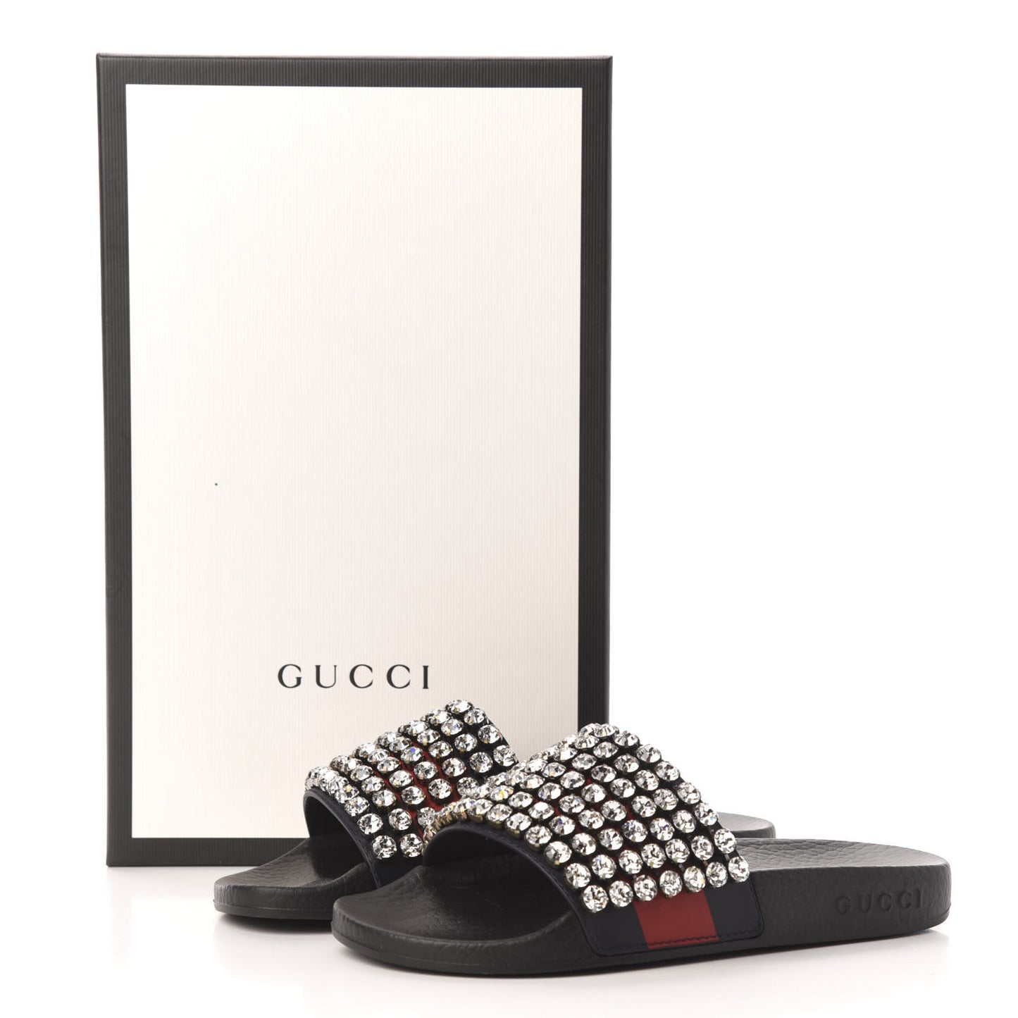 Calfskin Crystal Embellished Web Slide Sandals 35 Blue Red