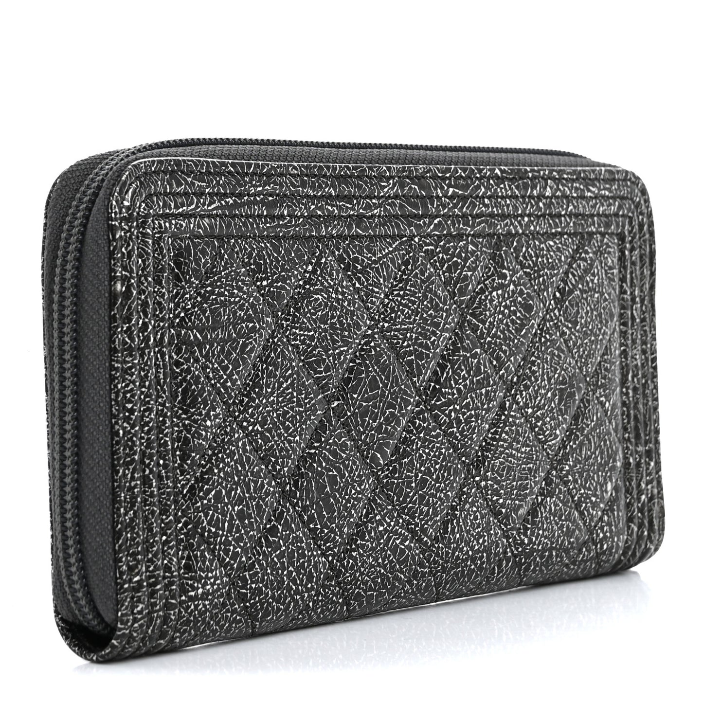 Cracked Metallic Calfskin Quilted Boy Long Zip Around Wallet Dark Silver