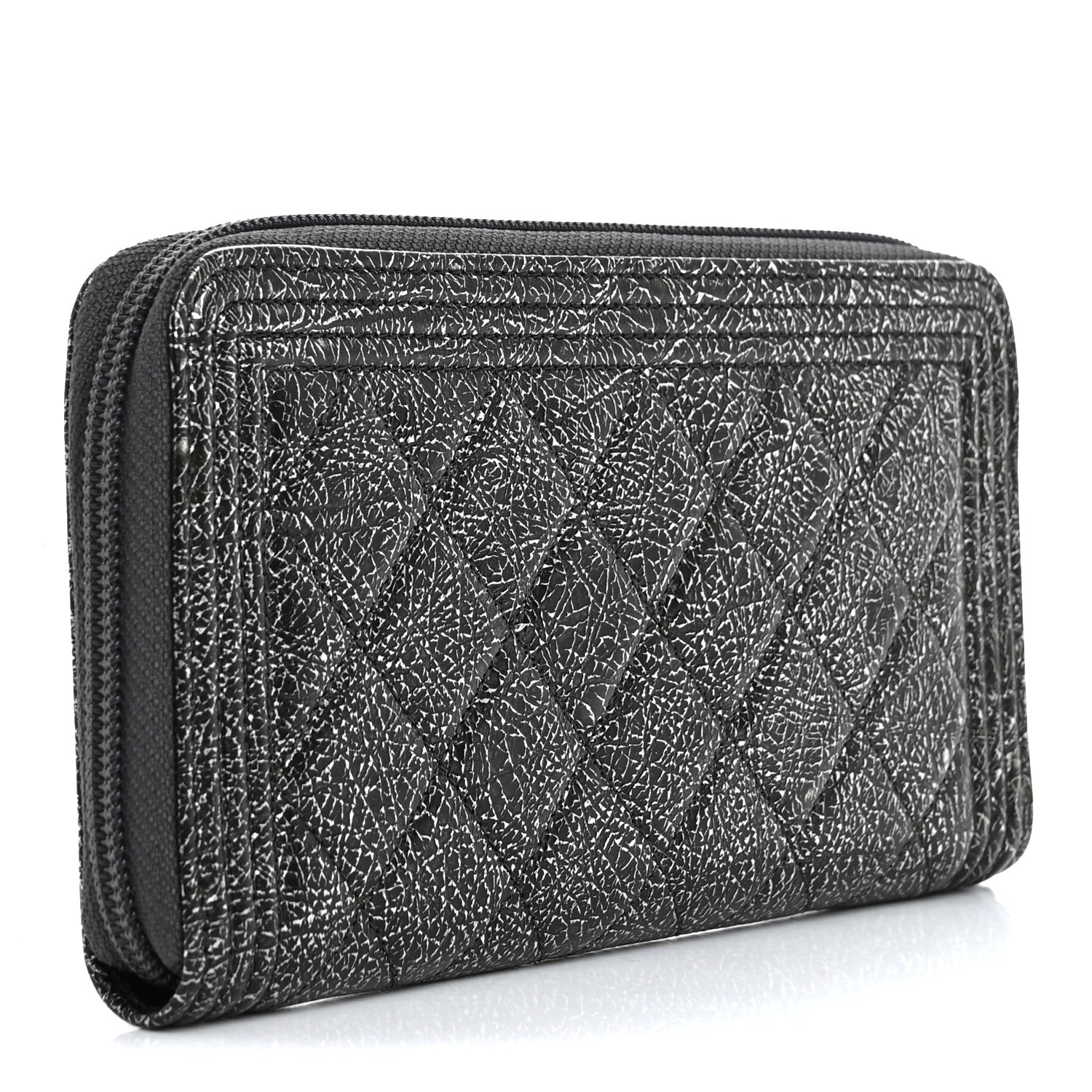 Chanel Cracked Metallic Calfskin Quilted Boy Long Zip Around Wallet Dark Silver 3 of 9