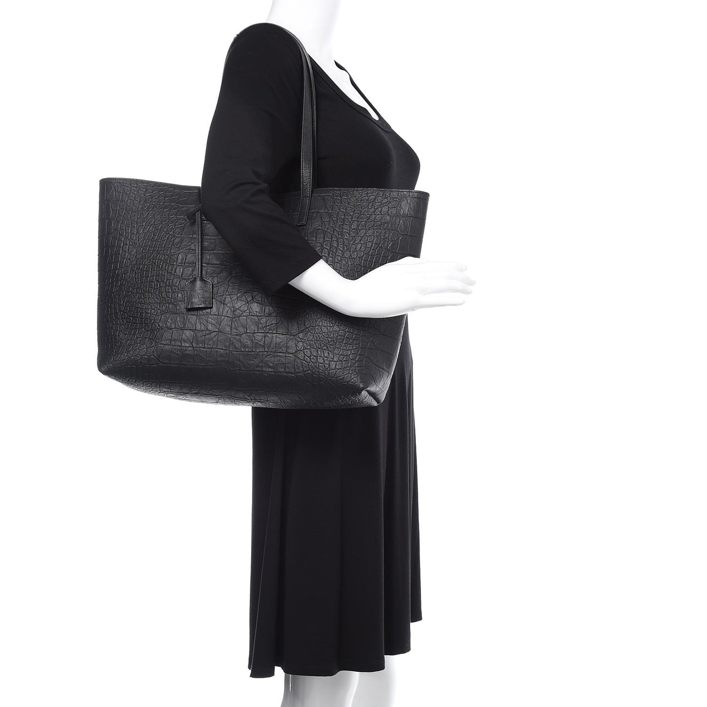 Calfskin Crocodile Embossed Large Shopper Tote Black