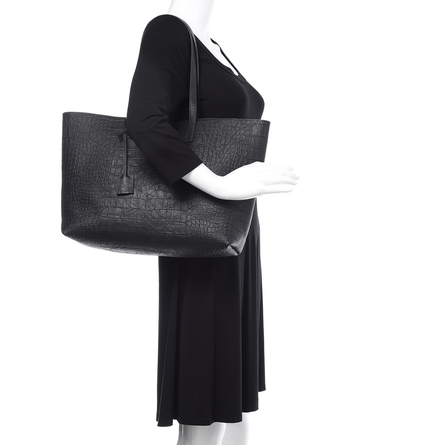 Saint Laurent Calfskin Crocodile Embossed Large Shopper Tote Black 2 of 10