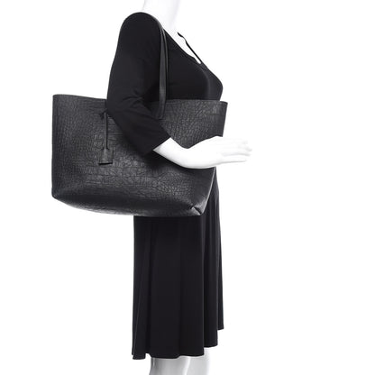 Saint Laurent Calfskin Crocodile Embossed Large Shopper Tote Black 2 of 10