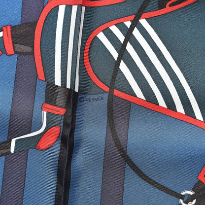 Hermes Silk Cheval A La Couveture Pocket Square Bleu Petrole Marine 4 of 4