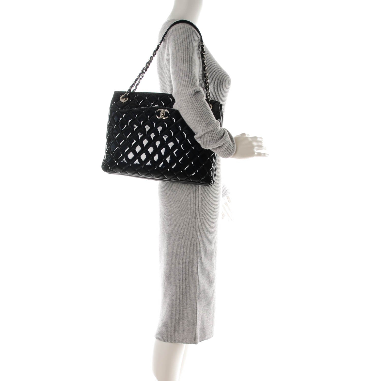 Chanel Patent Quilted Accordion Shopping Tote Navy 2 of 7